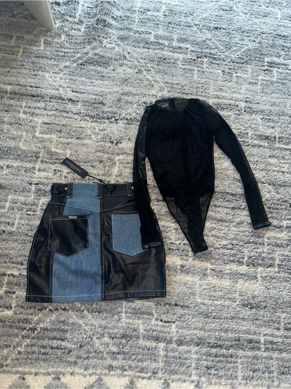 Black and Denim Two-Piece Dress Set - Women's Long Sleeve Bodysuit & Skirt - Picture 2 of 4